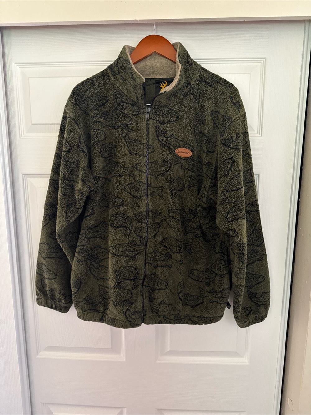 Rare Y2K Browning Trout Olive Green Sherpa Fleece Jacket with Black Fish
